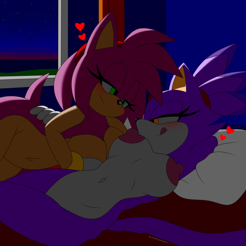 2021 amy_rose anthro bed black_nose blaze_the_cat blush dark domestic_cat duo eyelashes female female/female green_eyes headband heart hedgehog jasielewdko jasienorko licking licking_lips lying navel night pillow pink_body pink_hair purple_body purple_fur sonic_(series) yellow_eyes yuri