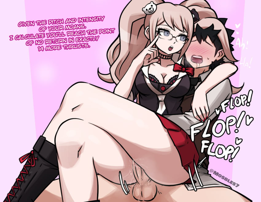 1boy 1girls blue_eyes blush boots bra bra_cups_sticking_out cleavage clothed crossed_legs crossed_legs_thighjob danganronpa dialogue drooling favorite female femdom glasses gyaru imminent_orgasm junko_enoshima kogal legs_crossed long_hair male malesub mosbles outercourse picot_trim picot_trim_bra saliva skirt slq smooth_skin straight sweat text thigh_sex twintails