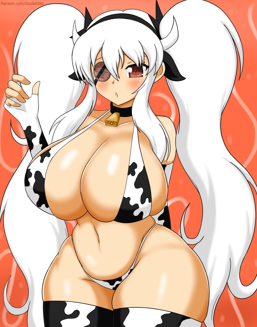 big_breasts cow_ears cow_girl cow_horns cow_print cowbell eye_patch red_eyes senran_kagura senran_kagura_(series) soulkibble thick_thighs thighhighs thighs twintails white_hair yagyuu_(senran_kagura)