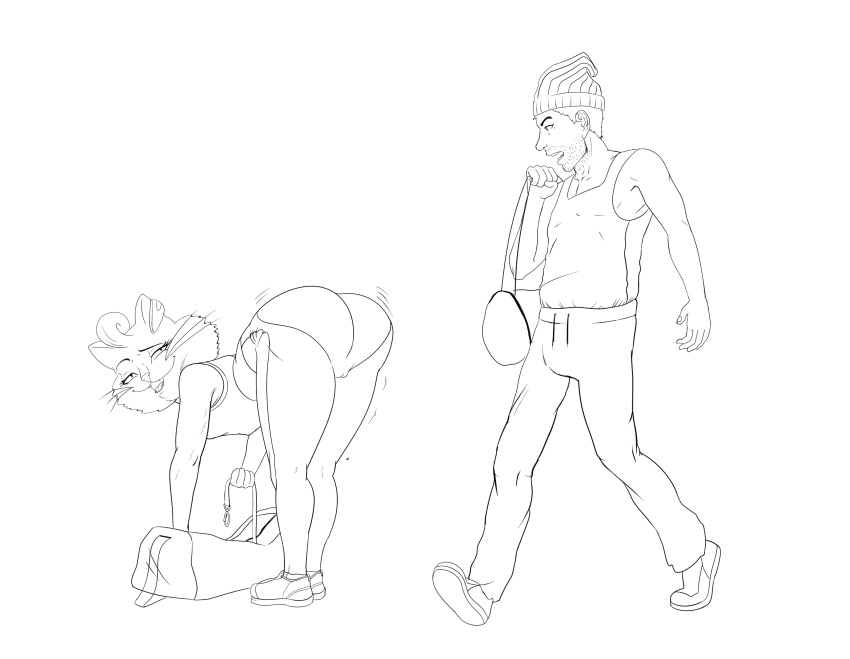 absurd_res anthro ass bent_over black_and_white bojack_horseman clothed clothing domestic_cat duo felid feline felis female female_on_human gardenminttea genitals hat headgear headwear hi_res human human_on_anthro interspecies line_art looking_back male male/female male_on_anthro mammal monochrome netflix presenting presenting_hindquarters princess_carolyn pussy shaking_butt shirt sweatpants tank_top todd_chavez topwear torn_clothing walking