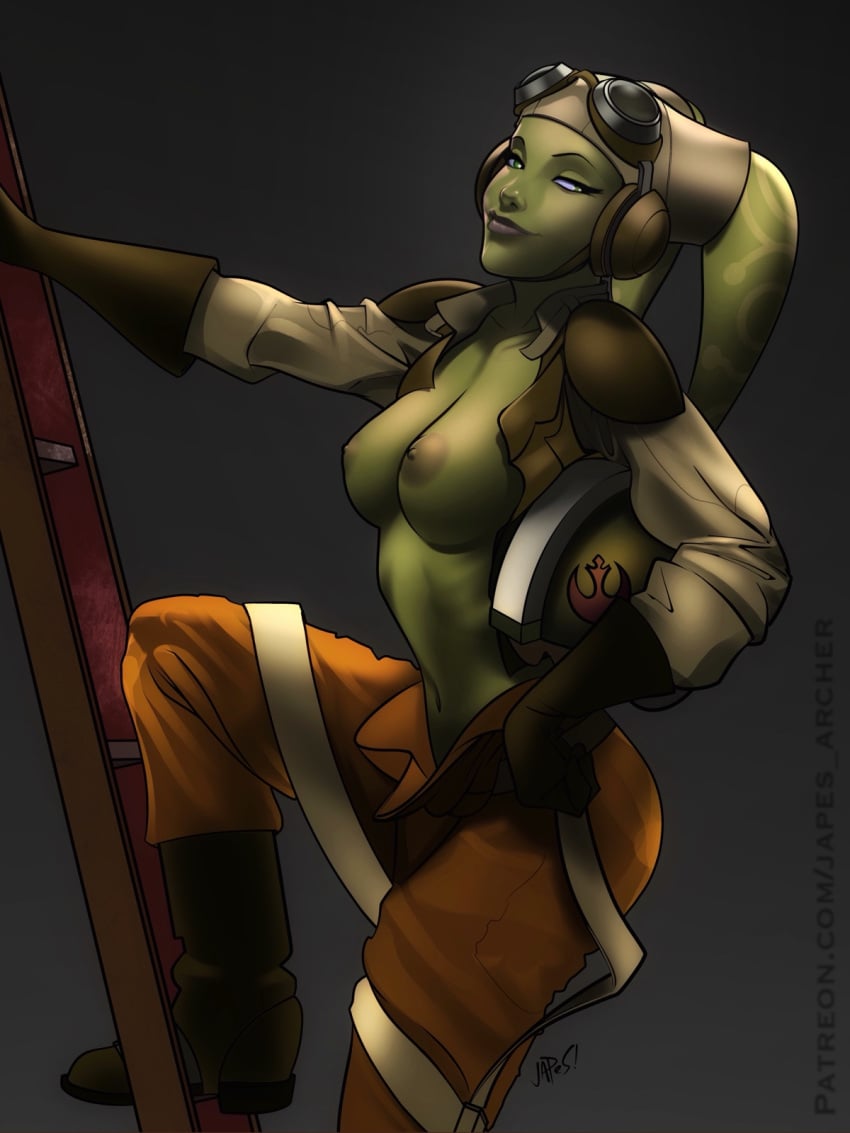 1girls bedroom_eyes big_breasts cleavage female_focus female_only flight_suit goggles green_eyes green_skin half-dressed headgear hera_syndulla japes navel nipples open_clothes pose simple_background smile solo star_wars star_wars_rebels text twi'lek watermark