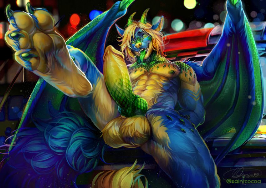 2021 4_toes =omtt anthro balls blue_body blue_fur digital_media_(artwork) dragon feet fur furred_dragon genitals green_eyes hair horn knot male membrane_(anatomy) membranous_wings open_mouth penis saintcocoa smile solo teeth toes tongue wings