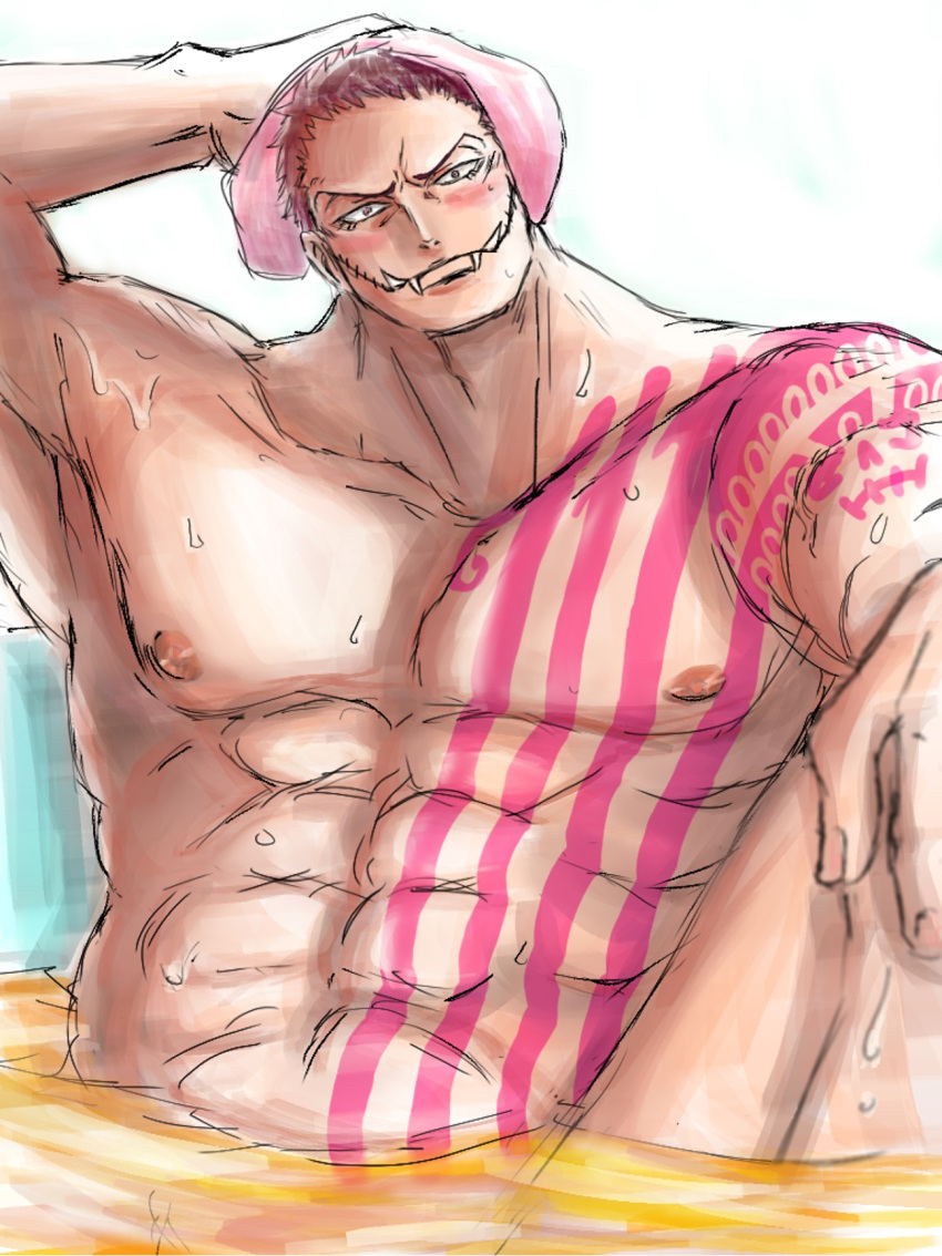 1boy abs blush charlotte_katakuri chest hand_on_head hand_on_knee head_tilt in_water leg_bent looking_at_viewer male male_nipples male_only mature_male muscular_male nipples nude older_male one_piece pecs sharp_teeth solo solo_male tagme taking_a_bath tattoos thick_neck washing