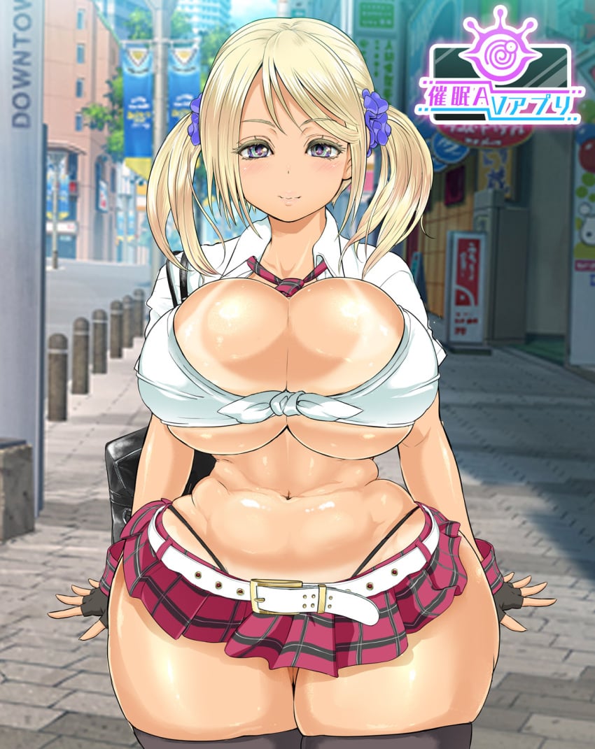 alexis_(rebis) blonde_hair child_bearing_hips female female_only gyaru huge_breasts original original_character rebis solo thick_thighs twintails wide_hips