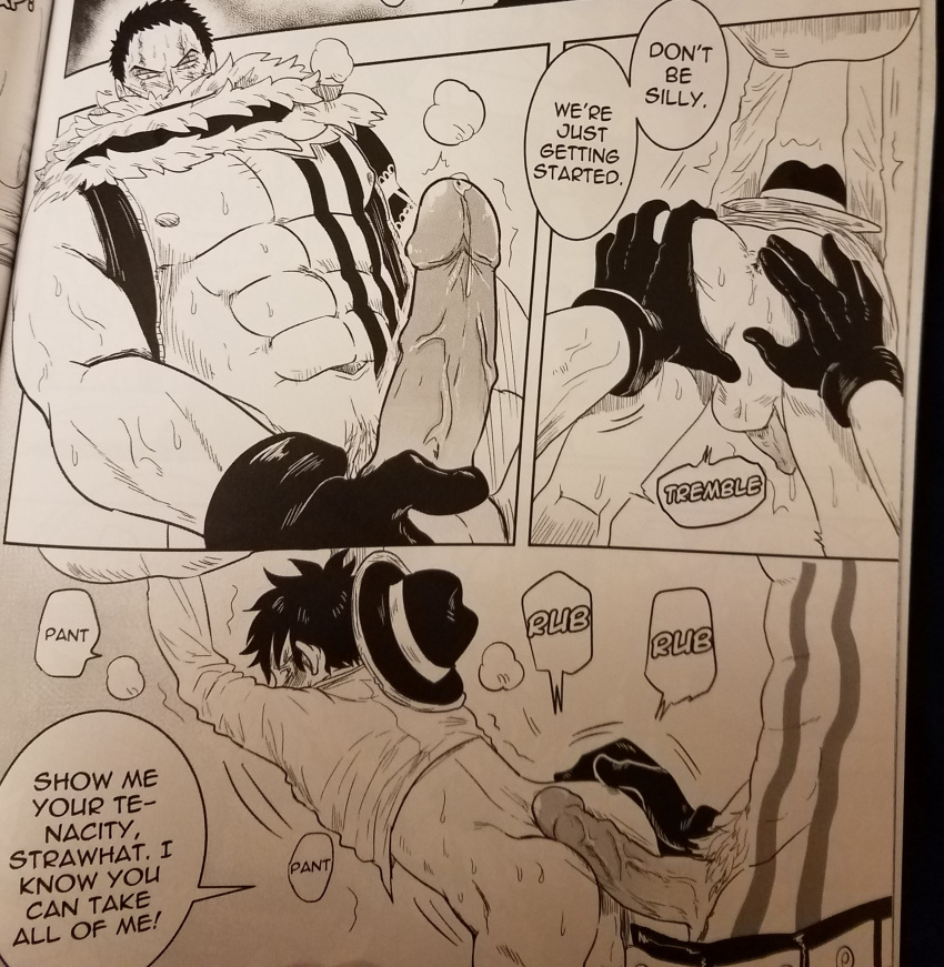 2boys ass ass_grab big_dom_small_sub bottomless buttjob charlotte_katakuri comic doujinshi english_text erection gay hot_dogging hotdogging imminent_anal imminent_penetration imminent_rape imminent_sex jacket male_only monkey_d_luffy one_piece panting restrained rubbing_penis_on_ass size_difference small_sub_big_dom steamy_breath sweat tagme trembling