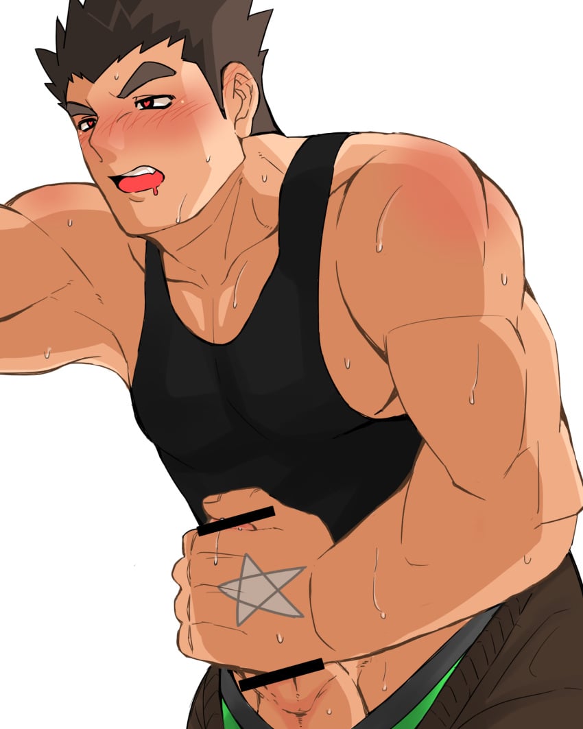 1boy 1male balls balls_under_clothes bar_censor bara bare_shoulders big_penis black_tank_top blush boner censored clothes_pull cowboy_shot erect_penis erection hard_on heart heart-shaped_pupils highres human human_only jacking_off jerking jerkingoff k_ei3k large_pectorals leaning_forward looking_pleasured male_cleavage male_focus male_masturbation male_only male_pubic_hair masturbating masturbation mouth_drool muscular muscular_male one_handed_masturbation open_mouth pants pants_pull penile_masturbation penis penis_out protagonist_(tokyo_afterschool_summoners) protagonist_3_(tokyo_afterschool_summoners) pubic_hair short_hair sideburns sidepec solo solo_male standing_male standing_masturbation stiffy stroking stroking_cock stroking_penis sweat symbol-shaped_pupils tank_top testicles tokyo_afterschool_summoners tokyo_houkago_summoners toned toned_male