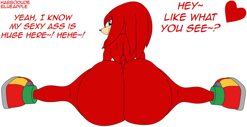 anthro ass blueapple dialogue echidna english_text furry habbodude hair half-closed_eyes heart knuckles_the_echidna looking_at_viewer looking_back male male_only mammal purple_eyes red_body red_hair solo sonic_(series) tan_body text