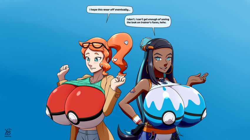 2020 2girls alternate_breast_size big_breasts breasts breasts_out dive_ball exposed_breasts eyewear_on_head game_freak huge_breasts multiple_girls nessa_(pokemon) nintendo pokeball pokemon pokemon_ss sonia_(pokemon) tagme ydbunny