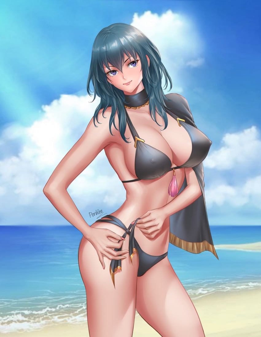 1girls alternate_costume aqua_hair beach bikini bikini_bottom black_bikini breasts byleth_(fire_emblem) byleth_(fire_emblem)_(female) byleth_(summer)_(fire_emblem)_(female) female fire_emblem fire_emblem:_three_houses fire_emblem_heroes hair_between_eyes highres large_breasts long_hair looking_at_viewer navel nipple_bulge nipples ocean outdoors porblee purple_eyes sand side-tie_bikini smile solo teal_hair water