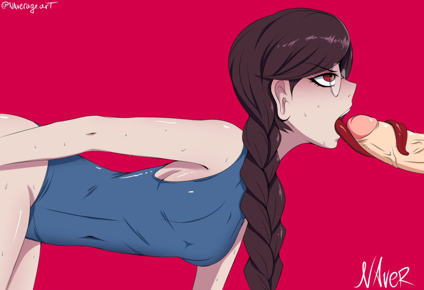 braided_hair brown_hair colored danganronpa danganronpa:_trigger_happy_havoc danganronpa_(series) danganronpa_1 female fukawa_touko genocider_shou glasses licking_penis long_tongue naver partial_male penis red_eyes school_swimsuit simple_background slim_waist small_breasts smooth_skin swimsuit tight_clothing tongue tongue_out tonguejob