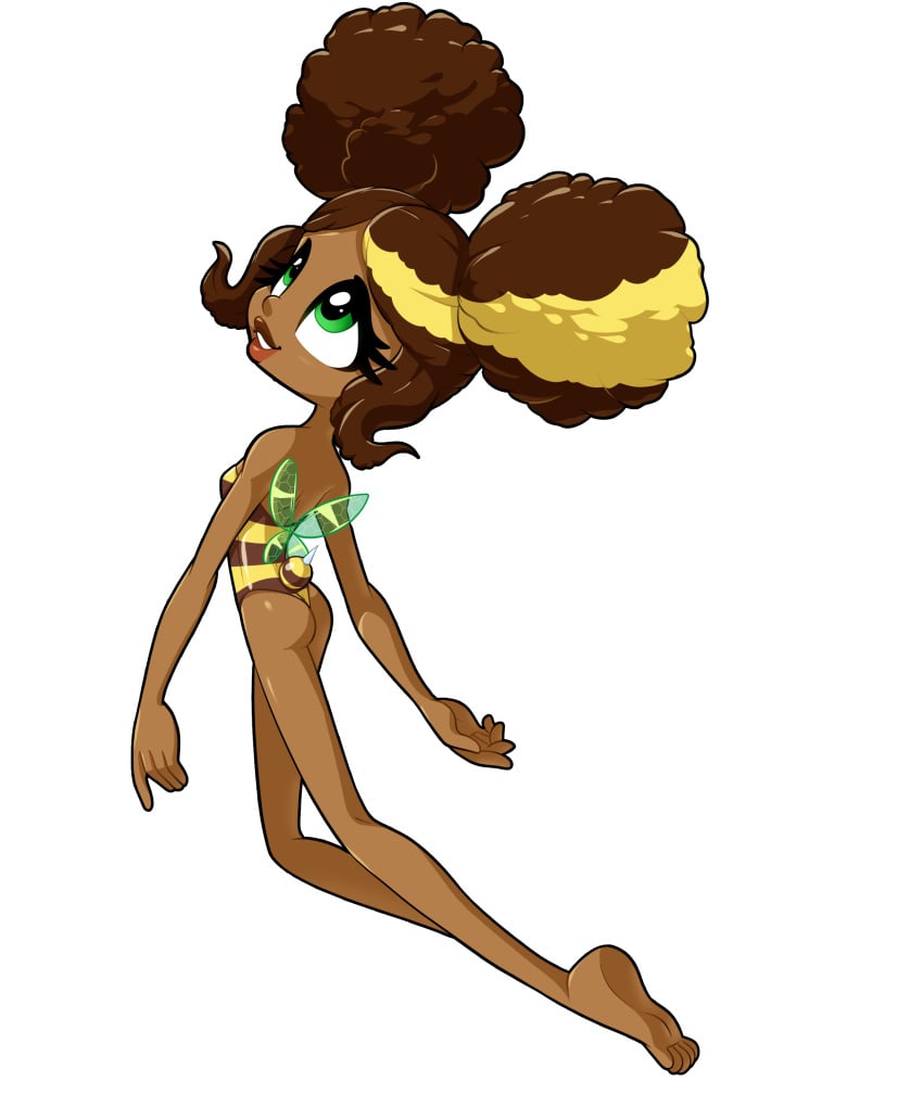 1girls afro_puffs alpha_channel ass bee_girl breasts bumblebee_(dc) dark-skinned_female dc dc_comics dc_super_hero_girls fairy female female_only flying hair_streak karen_beecher leotard png rear_view small_breasts solo thousandarms transparent_background