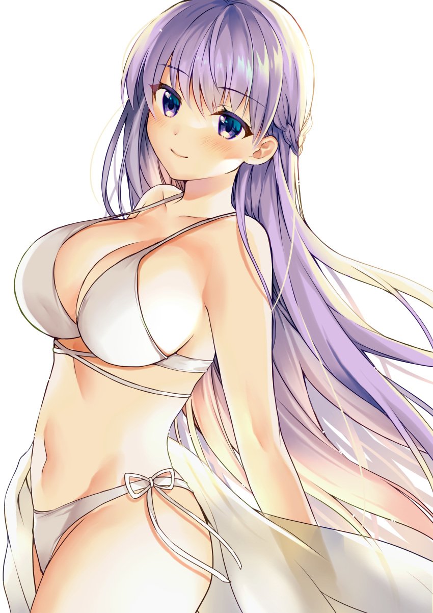 1girls absurdres alternate_breast_size bare_arms bare_shoulders bikini blush braid breasts cleavage collarbone commission cowboy_shot female fire_emblem fire_emblem:_the_binding_blade halterneck highres large_breasts long_hair looking_at_viewer midriff navel nintendo purple_eyes purple_hair signature simple_background skeb_commission solo solo_female sophia_(fire_emblem) stomach string_bikini swimsuit thighs transparent_background very_long_hair white_bikini yam_(yamap_mako)