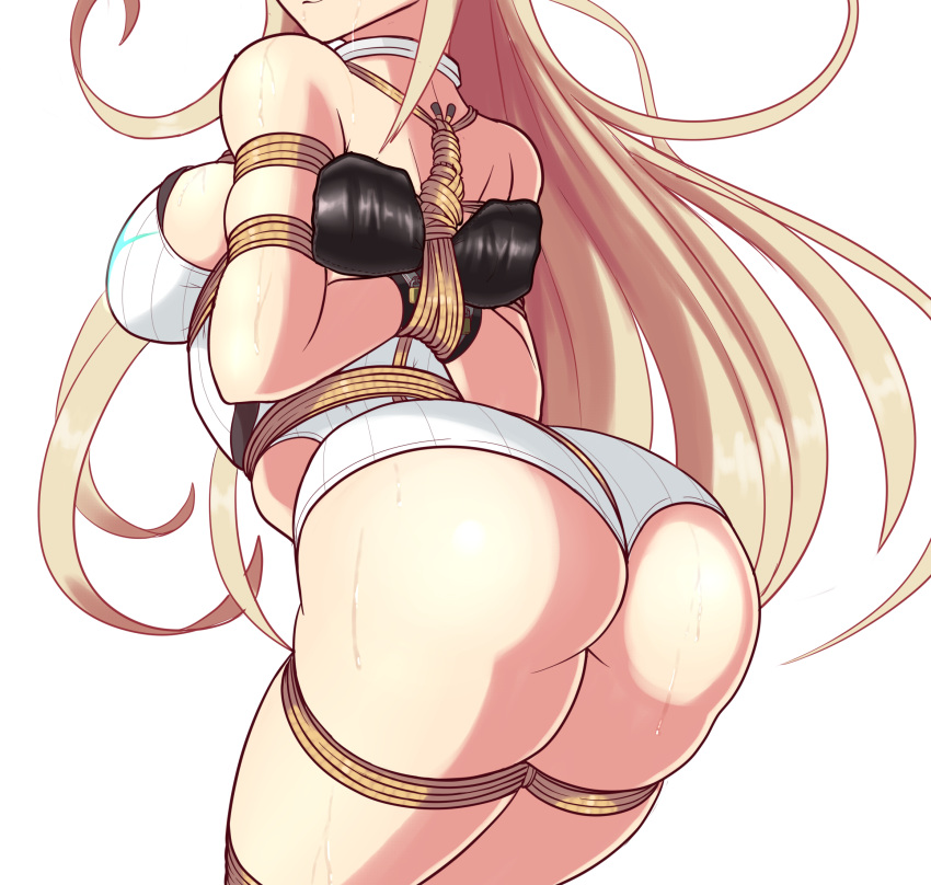 1girls ass back_view bagelbomb blonde_hair bondage bound breasts hi_res long_hair mythra nintendo one-piece_swimsuit restrained rope rope_bondage solo sweat swimsuit tied tied_up xenoblade_(series) xenoblade_chronicles_2