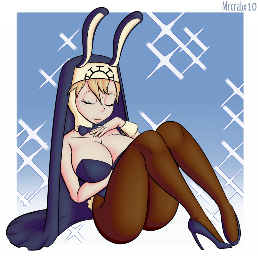 1girls big_breasts blonde_hair breasts bunny_ears bunny_tail bunnysuit closed_eyes clothing double_(skullgirls) female full_body light_skin lips mrcrabx10 nun short_hair skullgirls smiling solo video_games