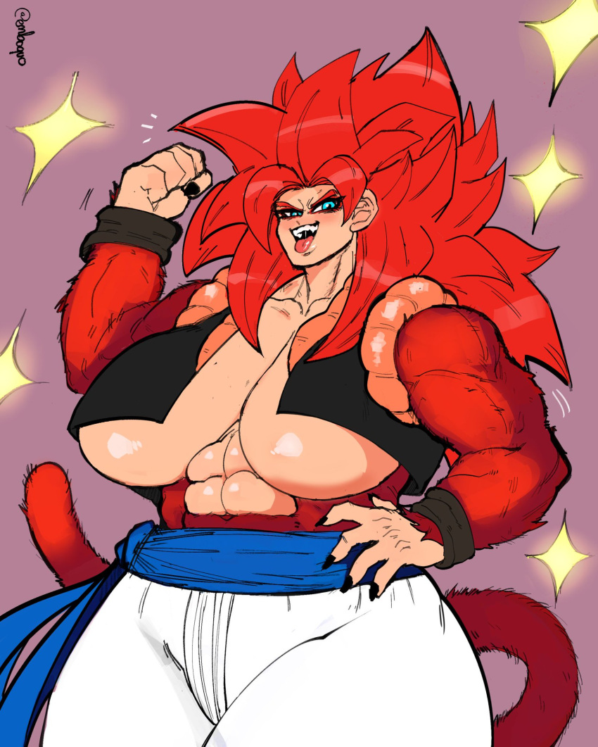 abs breasts dragon_ball dragon_ball_gt embo female female_gogeta gogeta huge_breasts looking_at_viewer mtf_transformation muscular_female red_hair rule_63 solo super_saiyan super_saiyan_4 tail watermark