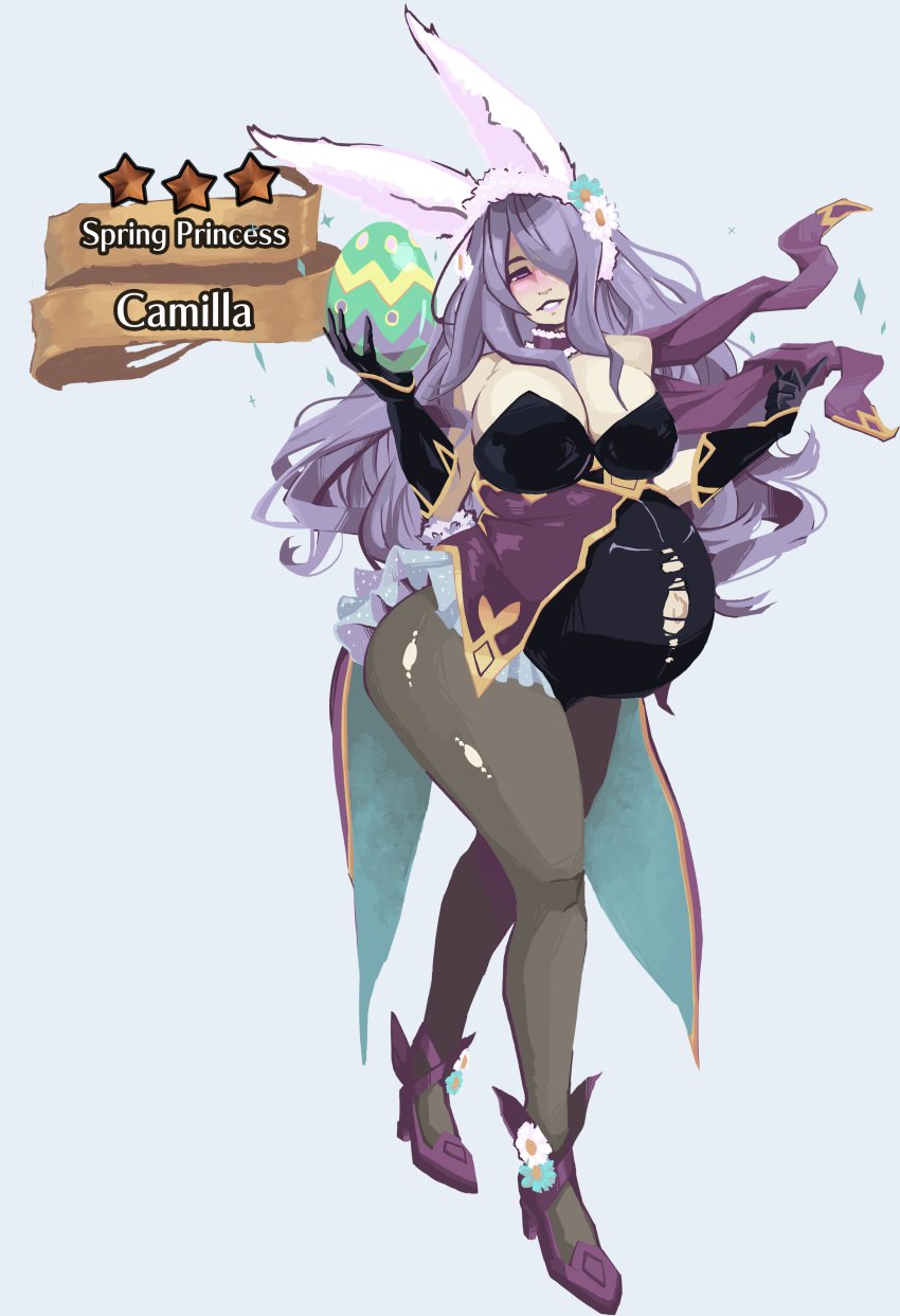 1girls alternate_costume belly_button big_breasts breasts bunny_ears bunny_girl bunnysuit camilla_(fire_emblem) camilla_(spring)_(fire_emblem) cleavage egg english_text female female_only fire_emblem fire_emblem_fates high_heels huge_belly large_breasts nintendo pregnant ready_to_pop ripped_clothing solo xcel-zero