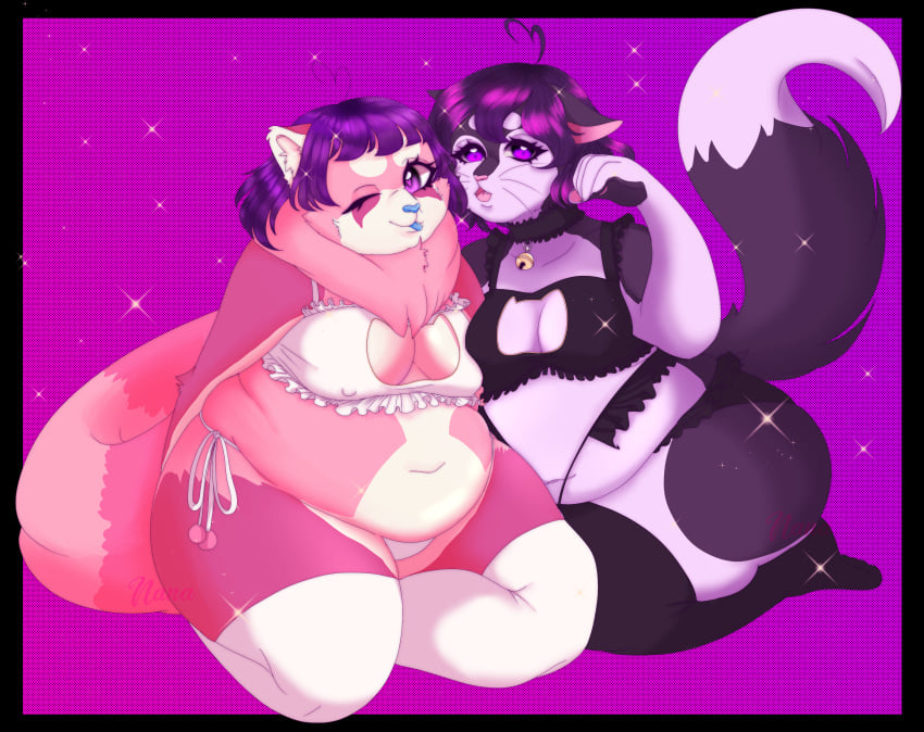 absurd_res ailurid anthro bodily_fluids chubby_anthro chubby_female clothing digital_media_(artwork) domestic_cat duo felid feline felis female female/female fluffy fluffy_tail hi_res mammal morgan nana nanax80s red_panda yuri