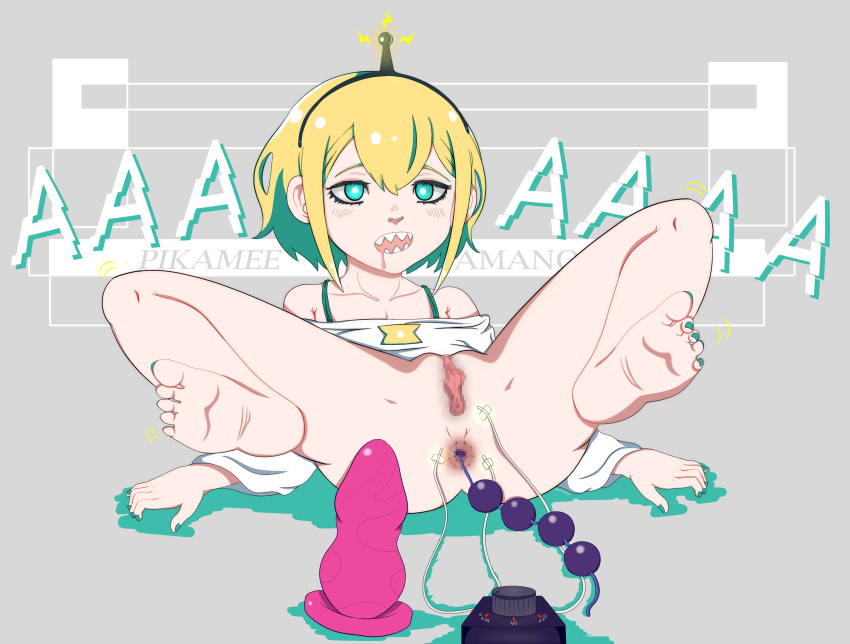 amano_pikamee anal_beads anal_masturbation censored drooling electricity masturbation mosaic_censoring pussy sex_toy sharp_teeth spread_legs teal_eyes virtual_youtuber voms_project yellow_hair