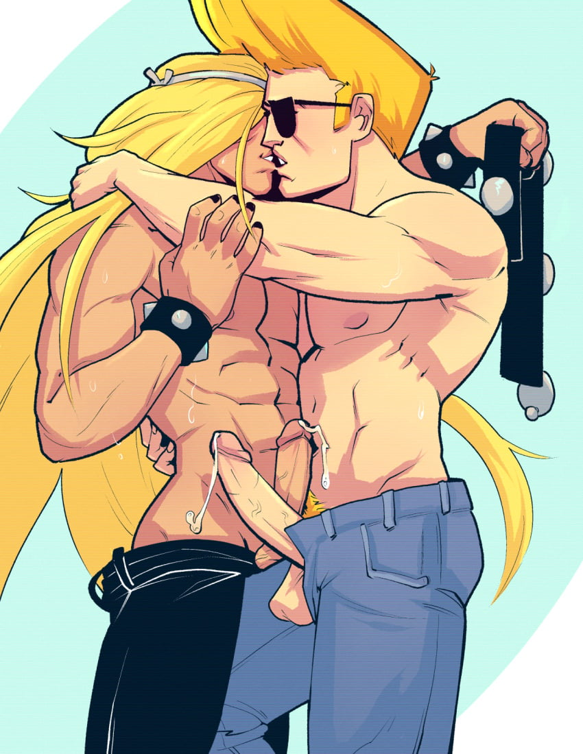 2boys abs anatomically_correct balls bara belly belly_button belt biceps biting biting_lip blonde_hair blonde_pubic_hair blue_clothing boner bracelet cartoon_network castlechaythe clothed crossed_penises crossover cum cum_drip cum_on_belly cum_on_body cum_on_lower_body cum_on_penis dexter's_laboratory drawthread_request duo ejaculation erect_penis erection eyeless eyewear frottage gay grabbing grey_background hand_around_neck hand_behind_another's_head hand_behind_back hard_on hi_res high_resolution highres holding holding_another's_arm holding_arm holding_belt human johnny_bravo johnny_bravo_(series) justice_friends kissing long_hair long_penis male male/male male_only manly men_kissing muscles muscular muscular_male nipples open_pants painted_nails pants partially_clothed penis_out precum precum_drip pubes pubic_hair shirtless simple_background skintight spiked_bracelet sunglasses sweat tagme tan_body tan_skin teeth testicles tight_clothes tight_pants topless triceps unbuttoned unzipped val_hallen veiny_penis yaoi yellow_hair