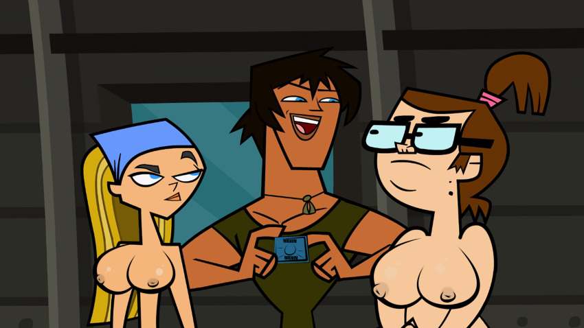 1boy 2girls accurate_art_style areolae beth_(tdi) biceps big_breasts blonde_hair breasts brown-skinned_male brown_body brown_hair brown_skin busty dark-skinned_male dark_skin ducq edit glasses imminent_sex justin_(tdi) light-skinned_female light_skin lindsay_(tdi) muscular muscular_male nipples ponytail tan topless total_drama_island