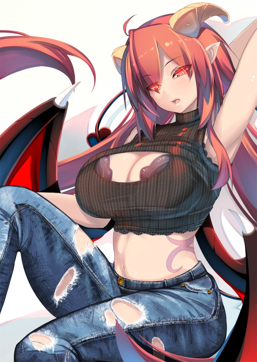 arms_behind_head astaroth_(mon-musu_quest!) bra bra_cups_sticking_out cleavage cleavage_cutout demon_girl demon_horns demon_wings glowing highres horns jeans keyhole_turtleneck large_breasts long_hair looking_at_viewer midriff mon-musu_quest! monster_girl monster_girl_quest navel official_art open_mouth pants pointy_ears red_eyes red_hair shiki_(psychedelic_g2) sitting sleeveless solo succubus succubus_horns succubus_tail succubus_wings sweater tail tattoo torn_clothes wings