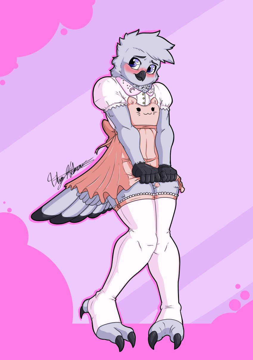 abstract_background absurd_res anthro avian bird blush clothing dress embarrassed frilly frilly_clothing genitals girly hi_res legwear male owl penis rotten_owl small_penis solo solo_male stockings talons