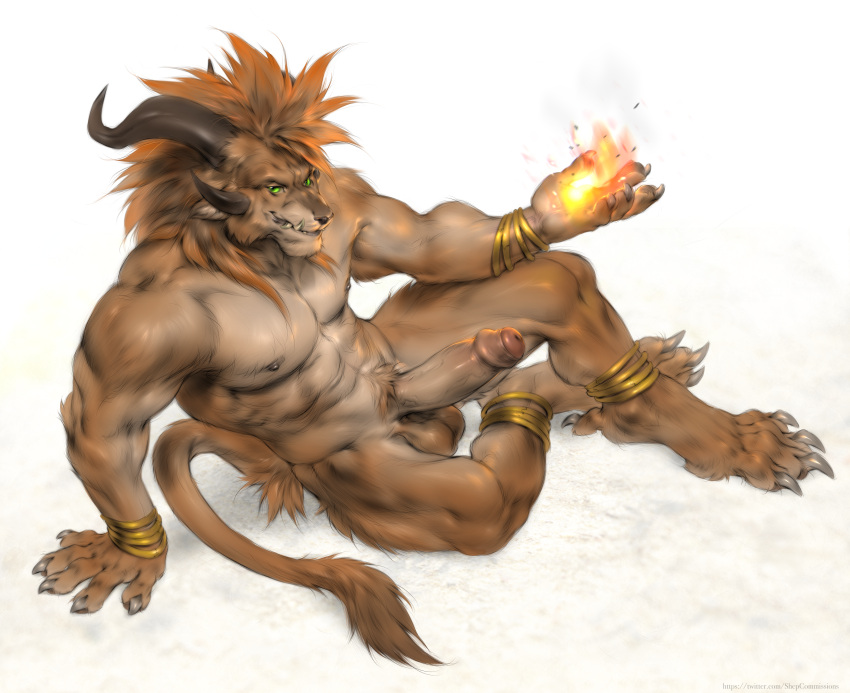 2021 absurd_res anthro balls biped bracelet brown_body brown_fur charr claws erection fangs felid feline fire foreskin fur genitals green_eyes guild_wars hair hi_res horn humanoid_genitalia humanoid_penis jewelry looking_at_viewer male male_only mammal muscular muscular_anthro muscular_male paws penis sharp_teeth shepherdart sitting solo teeth uncut video_games