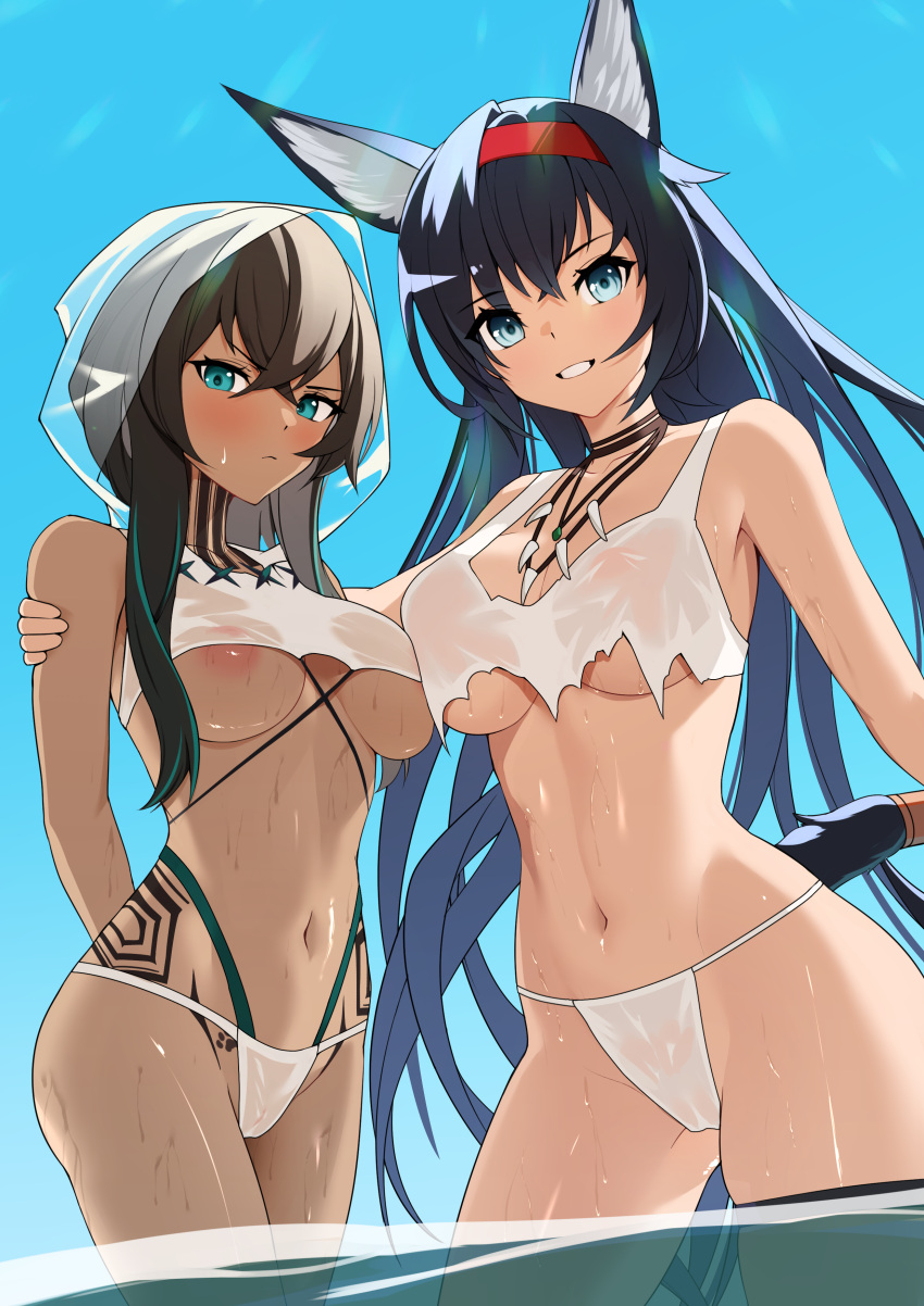 2girls animal_ear_fluff animal_ears aqua_eyes arknights big_breasts bikini bird_girl blaze_(arknights) blue_eyes blue_hair blush breasts brown_hair cat_ears cat_girl cat_tail cute dark-skinned_female dark_skin embarrassed ett fang_necklace flint_(arknights) green_hair hair_between_eyes hairband hand_on_another's_shoulder hood light-skinned_female light_skin long_hair looking_at_viewer medium_breasts multicolored_hair multiple_girls paw_print paw_tattoo possible_duplicate red_hairband shiny_skin shy size_difference smile standing_in_water tagme tattoo two_tone_hair voluptuous wet wet_skin