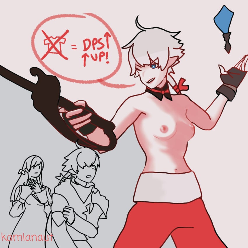 1boy 2girls alisaie_leveilleur alphinaud_leveilleur blue_eyes breasts brother brother_and_sister elezen elf exhibitionism exposed_breasts female fighting_stance final_fantasy final_fantasy_xiv hyur male nipples ryne_waters shirtless sibling siblings sister text topless twins watching white_hair