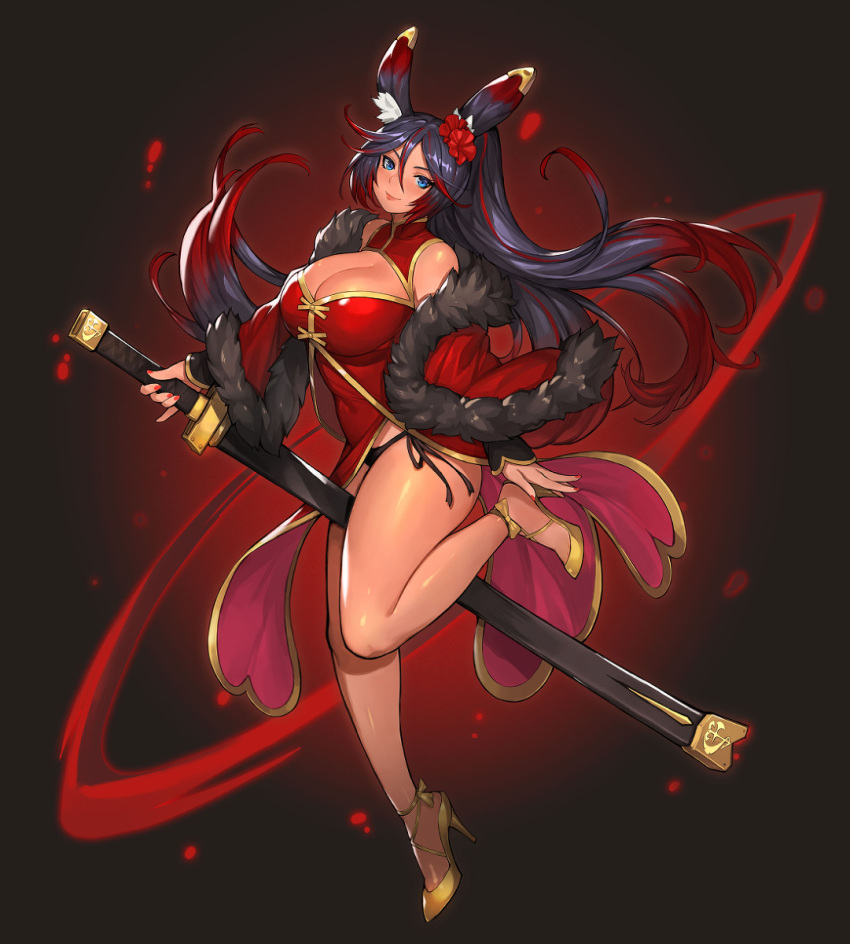 asian_clothing black_hair blue_eyes boob_window bunny_ears bunny_girl chinese_clothes earrings fur gurimjang high_heels katana kirih kirih_(sword_scream) kirih_shiraishi latex panties scabbard shiny_clothes thick_thighs thighs tight_clothing two-tone_hair