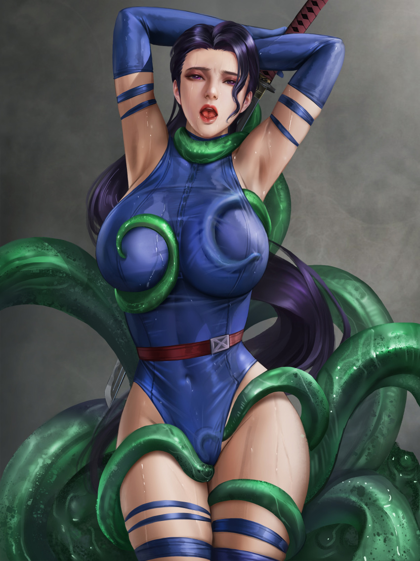 armpit arms_behind_head arms_up belt betsy_braddock big_breasts blue_elbow_gloves blue_leotard blue_thighhighs cameltoe elbow_gloves elizabeth_braddock green_tentacles helpless holding_object holding_sword holding_weapon huge_breasts japanese katana kwannon leotard long_hair marvel mingxing5577 naughty_face navel ninja open_mouth psylocke red_belt straight_hair sweat sweaty sword tentacle tentacle_around_breasts tentacle_around_neck tentacle_grab tentacle_rape thighhighs tight_clothing violet_hair x-men