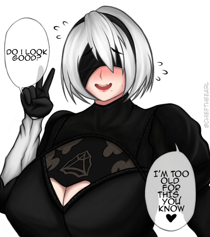 black_blindfold black_dress blindfold blush boob_window breasts chieftheearl cosplay english_text huge_breasts milf nier:_automata peace_sign short_hair short_white_hair simple_background speech_bubble sweat white_background white_hair yorha_2b_(cosplay)