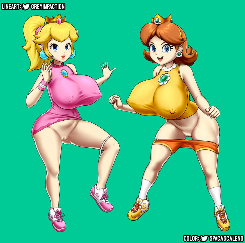 2girls bent_wrist breasts clothing dress erect_nipples female female_only grey_impact huge_breasts mario_(series) mario_tennis multiple_girls nintendo nipples princess_daisy princess_peach pussy spaca spacascaleno