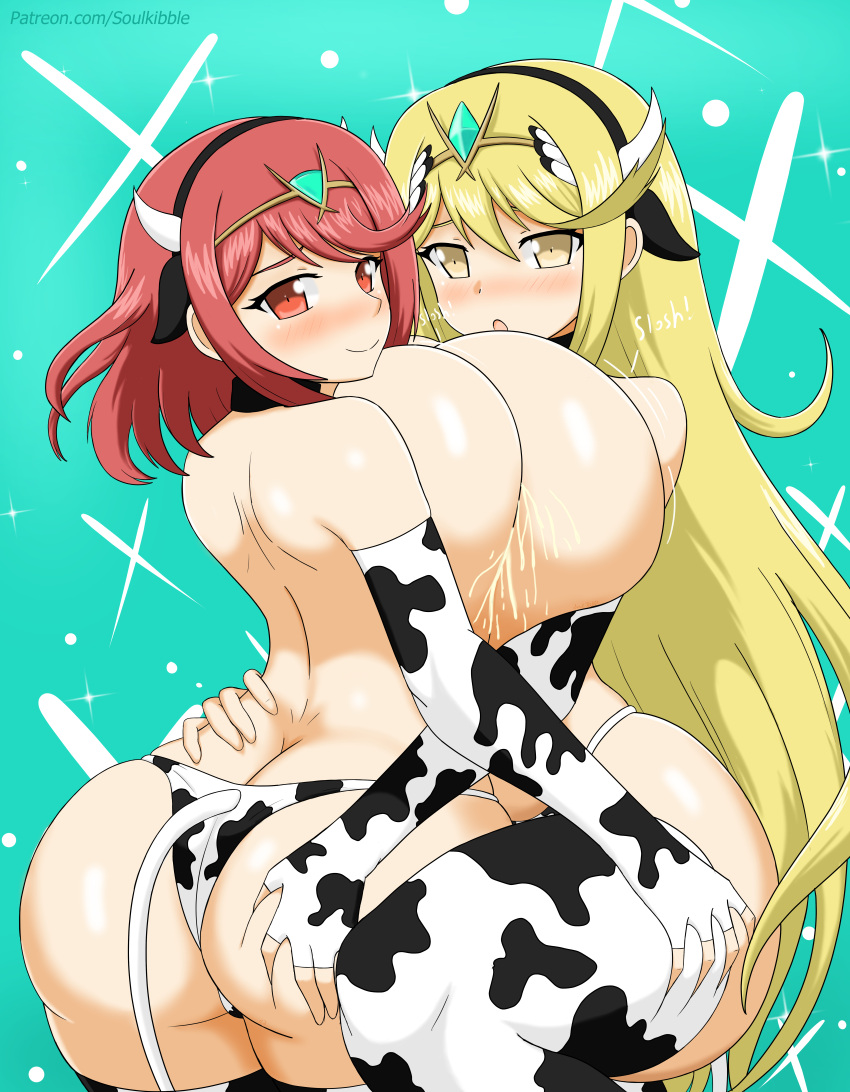 2girls alternate_version_available ass_cleavage blonde_hair breasts butt_crack cow_horns cow_print duo female_only huge_breasts lactation lesbian milk mythra nintendo onomatopoeia pyra red_eyes red_hair slosh sloshing_breasts soulkibble tagme thick thick_ass topless xenoblade_(series) xenoblade_chronicles_2 yellow_eyes