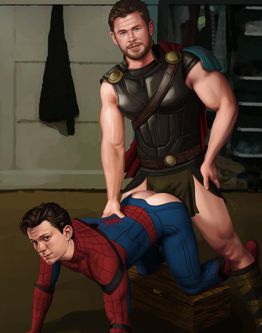 2boys avengers brown_hair bulge celebrity chris_hemsworth dark_hair doggy_style gabo_artist gay human human_only imminent_anal imminent_sex light-skinned_male light_skin male male_only marvel marvel_cinematic_universe mature mature_male muscular peter_parker spandex spider-man spider-man_(series) spider-man_(tom_holland) superhero thor:_ragnarok thor_(marvel) thor_(series) tom_holland yaoi