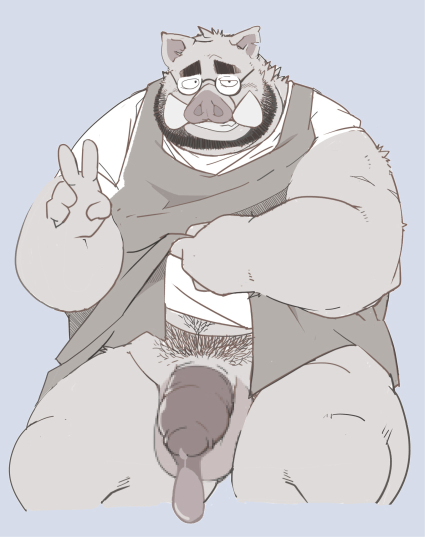 2021 anthro balls clothing condom filled_condom genitals hi_res humanoid_hands kemono male male_only mammal overweight overweight_anthro overweight_male penis pubes sexual_barrier_device shirt simple_background solo suid suina sus_(pig) taro_heppoko topwear wearing_condom wild_boar