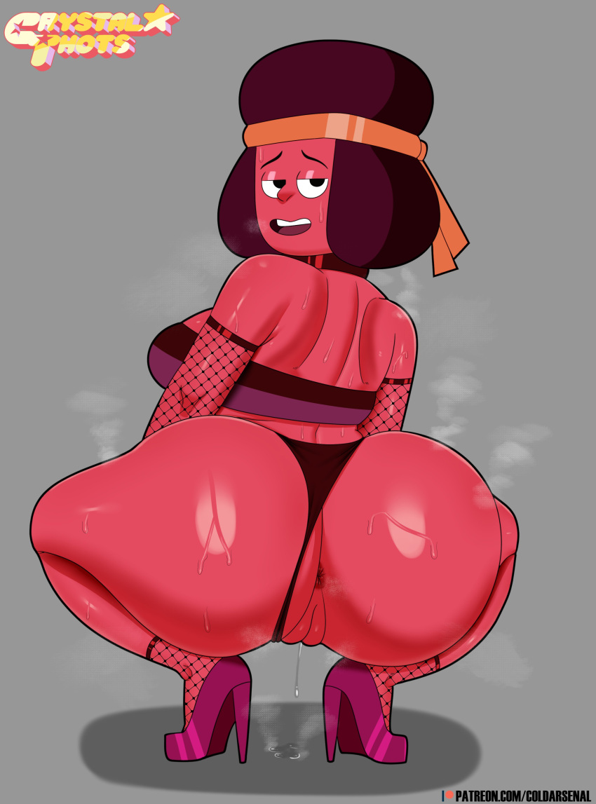 anus ass asshole brown_hair choker coldarsenal crystal_thots fishnets gem_(species) headband high_heels musk prostitute prostitution pussy red_skin ruby_(steven_universe) steven_universe sweat thick_ass