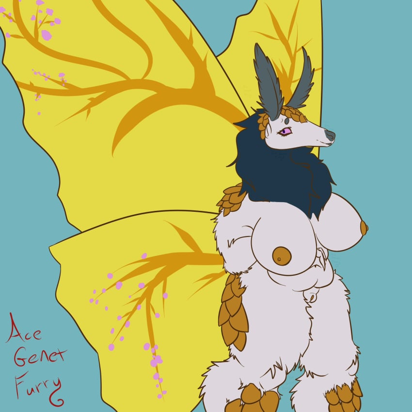 absurd_res anthro arthropod belly big_breasts breasts chubby_female digital_media_(artwork) female fur genitals gold_wings hair hi_res hybrid hyenas_dream_arts insects lepidopteran mammal moth nipples nude pangolin pussy scales simple_background slightly_chubby smile solo thick_thighs white_body white_fur