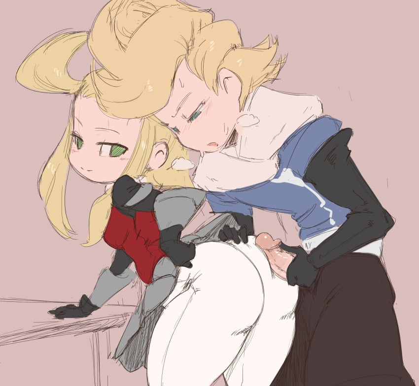 1boy 1girls assjob bard-bot bending_over blonde_hair bravely_default bravely_default:_flying_fairy buttjob clothed_female_nude_male edea_lee female looking_back male mob_face outercourse ringabel square_enix