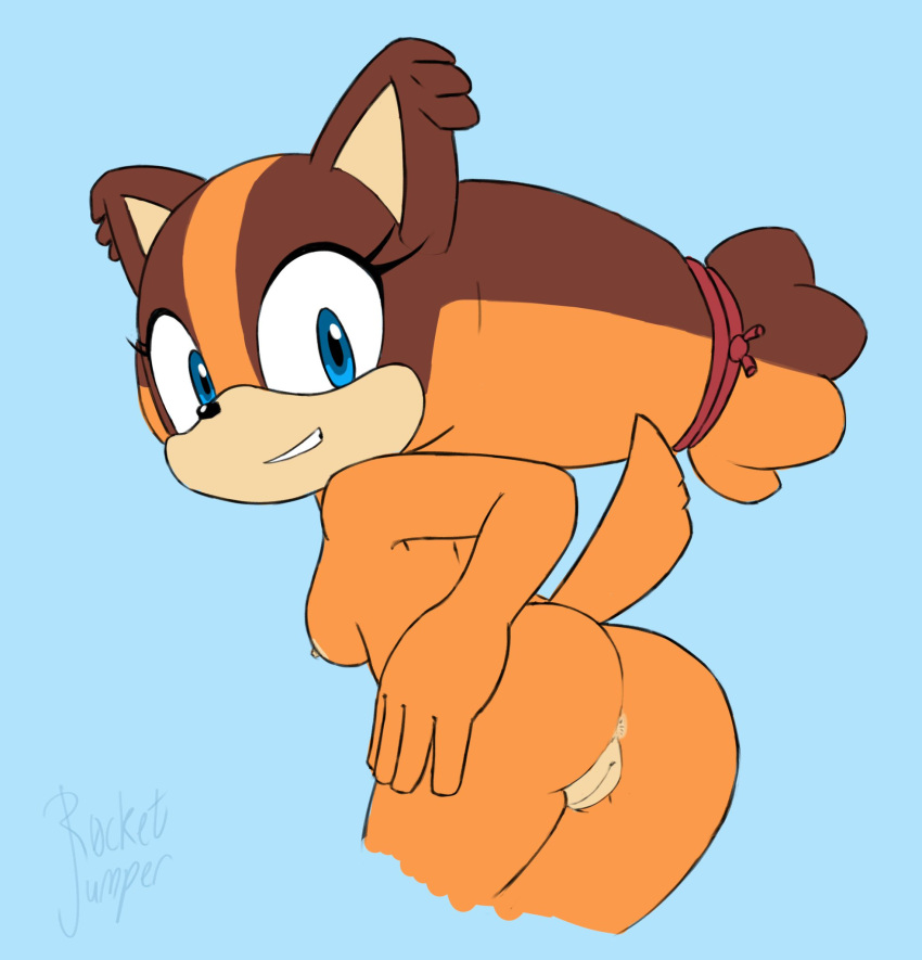 2021 5_fingers anthro anus ass badger blue_eyes breasts brown_body eyelashes female fingers looking_back mammal nipples orange_body pussy r0cketjumper sega smile sonic_(series) sonic_boom sticks_the_badger sticks_the_jungle_badger sticks_the_tejon twintails