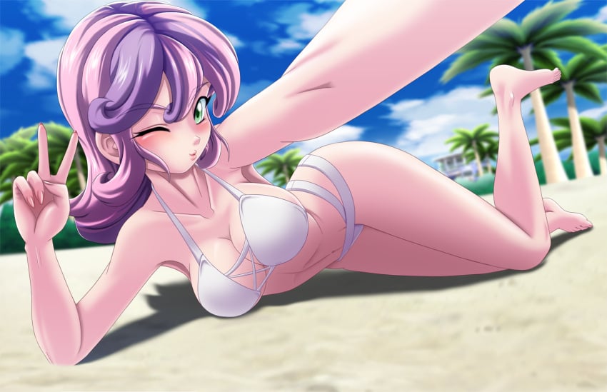 1girls aged_up beach bikini cleavage friendship_is_magic green_eyes humanized large_breasts lavender_hair looking_at_viewer lying_on_side mauroz multicolored_hair my_little_pony peace_sign pink_hair selfie sweetie_belle_(mlp) teen voluptuous wink