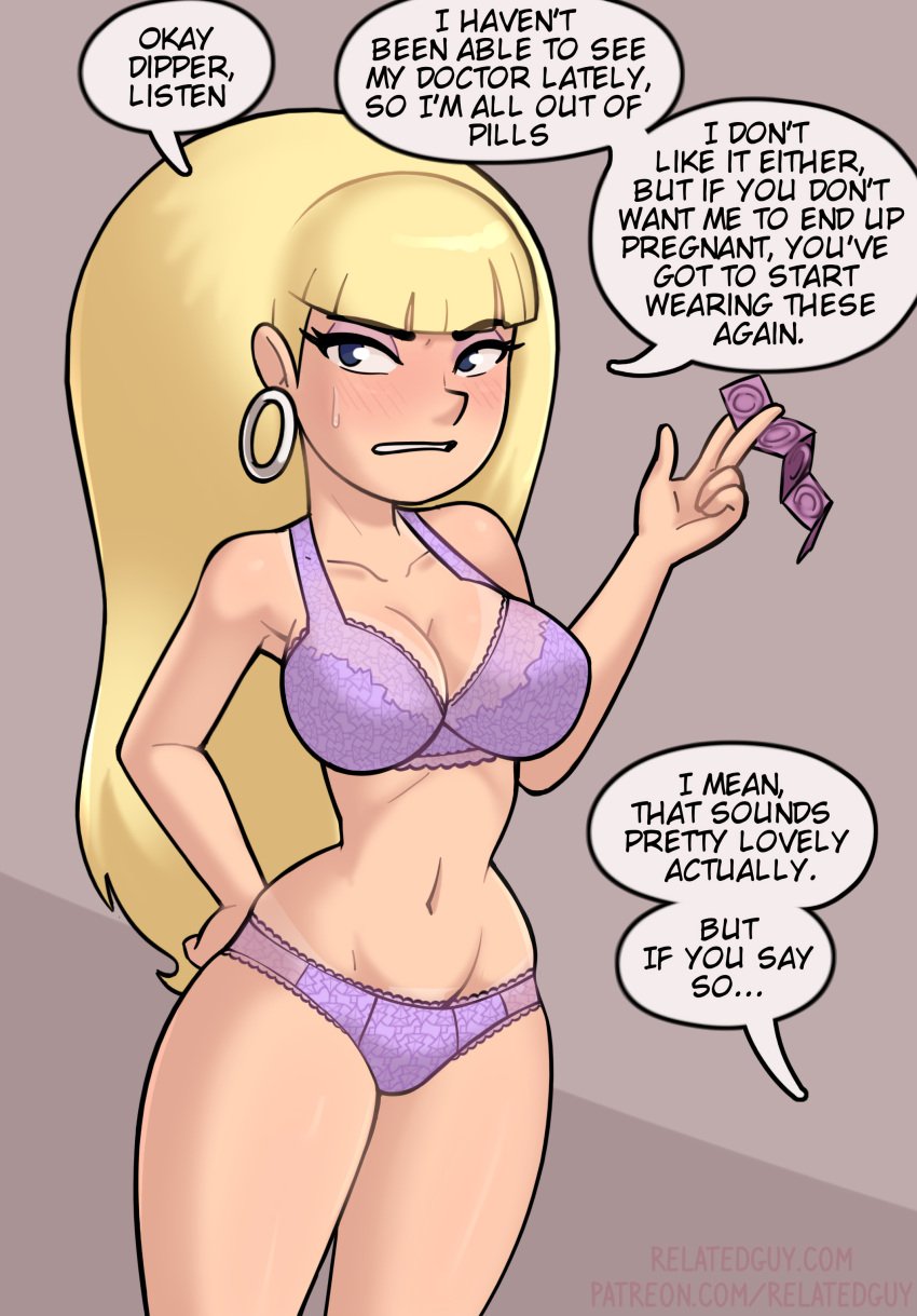 1girls big_breasts blonde_hair blue_eyes blush bra breasts condom condom_wrapper dialogue disney disney_channel disney_xd earrings embarrassed english_text eyelashes eyeshadow female female_only gravity_falls highres imminent_sex impregnation_risk long_hair looking_away navel offering_condom pacifica_northwest panties purple_bra purple_panties purple_underwear relatedguy smooth_skin solo speech_bubble sweat text thighs underwear