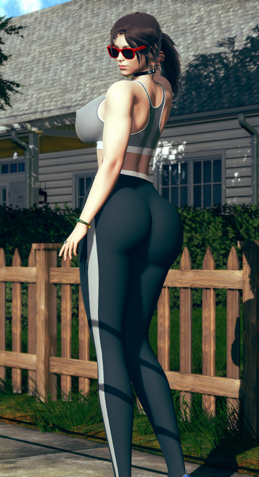 3d 3dx ass big_breasts collar female female_only honey_select honey_select_studio_neo lara_croft lara_croft_(survivor) leggings metal_01 muscular outside sunglasses tattoo tinted_eyewear tomb_raider tomb_raider_(survivor)