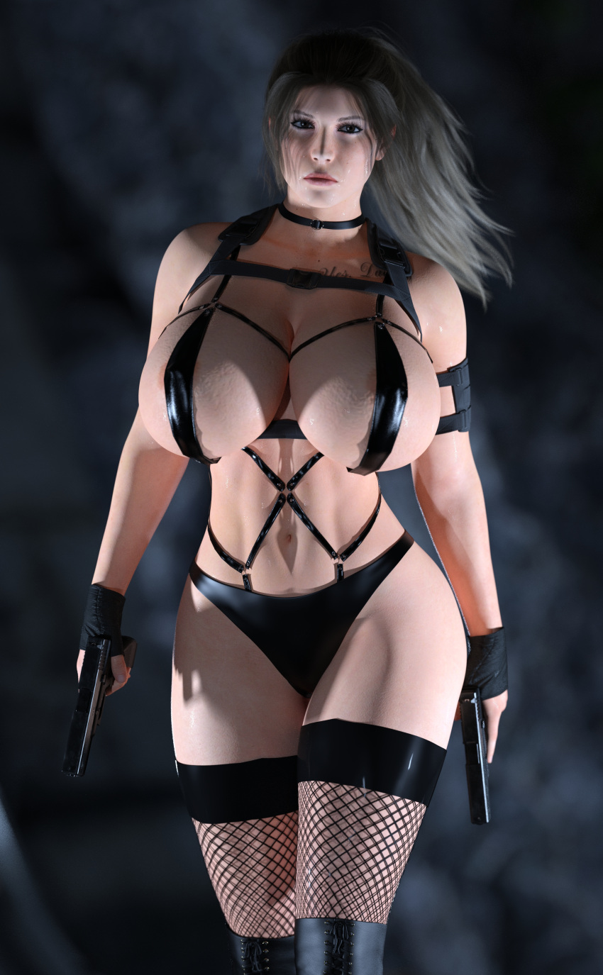 3d 3d_(artwork) athletic athletic_female big_breasts big_butt black_legwear black_panties boots breasts collar female female_focus female_only firearm gun guns handgun handwear huge_breasts human lara_croft lara_croft_(survivor) large_ass large_breasts legwear light-skinned_female lingerie looking_at_viewer metal_01 muscular muscular_female pale_skin panty pistol standing stockings tattoo tomb_raider walking weapon wet