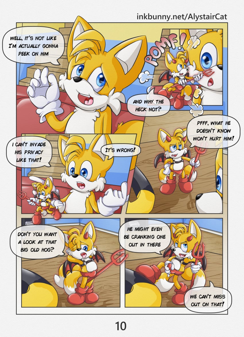 absurd_res alystaircat anthro bottomwear briefs bulge canid canine clothing comic comic_page demon duo footwear fox fur gloves handwear harness hi_res horn male male/male mammal mobian_(species) pitchfork sega socks sonic_(series) sonic_the_hedgehog_(series) suggestive suggestive_pose tails tools underwear wings young