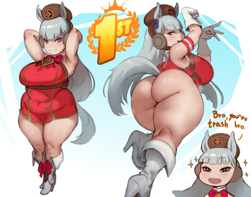 1girls absurd_res arms_up ass bare_ass breasts clothing english english_text female forastero gloves gold_ship_(umamusume) hi_res large_breasts long_hair looking_at_viewer looking_back nopan o-ring pantyhose plump red_eyes rude shortstack skirt smile smug solo standing steaming_body sweat sweatdrop text thick_thighs thighs umamusume white_gloves white_hair white_legwear wide_hips