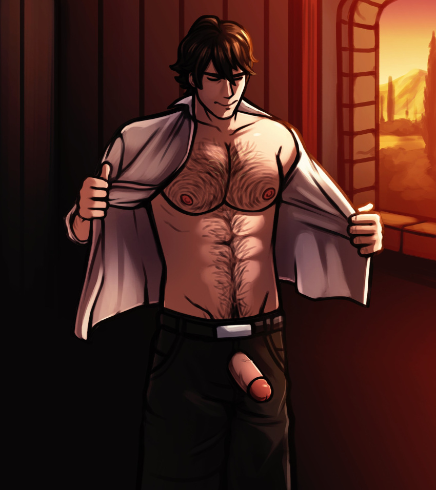 1boy bara body_hair brown_hair chest_hair detailed_background fire_emblem fire_emblem_awakening frederick_(fire_emblem) indoors intelligent_systems male muscular nipples open_shirt pecs penis penis_out penis_through_fly solo solo_male soupyeel