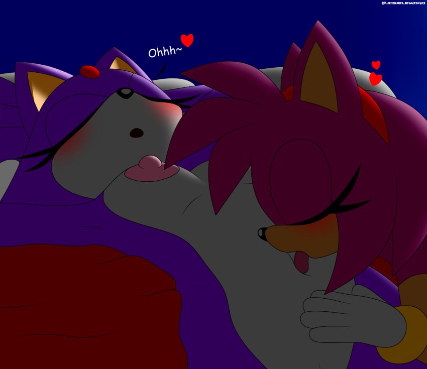 amy_rose anthro black_nose blaze_the_cat breasts dark domestic_cat duo eyelashes female female/female forehead_jewel gem jasielewdko jasienorko licking licking_navel navel navel_fetish pink_body pink_hair purple_body purple_hair pussy sonic_(series) tongue white_body yuri