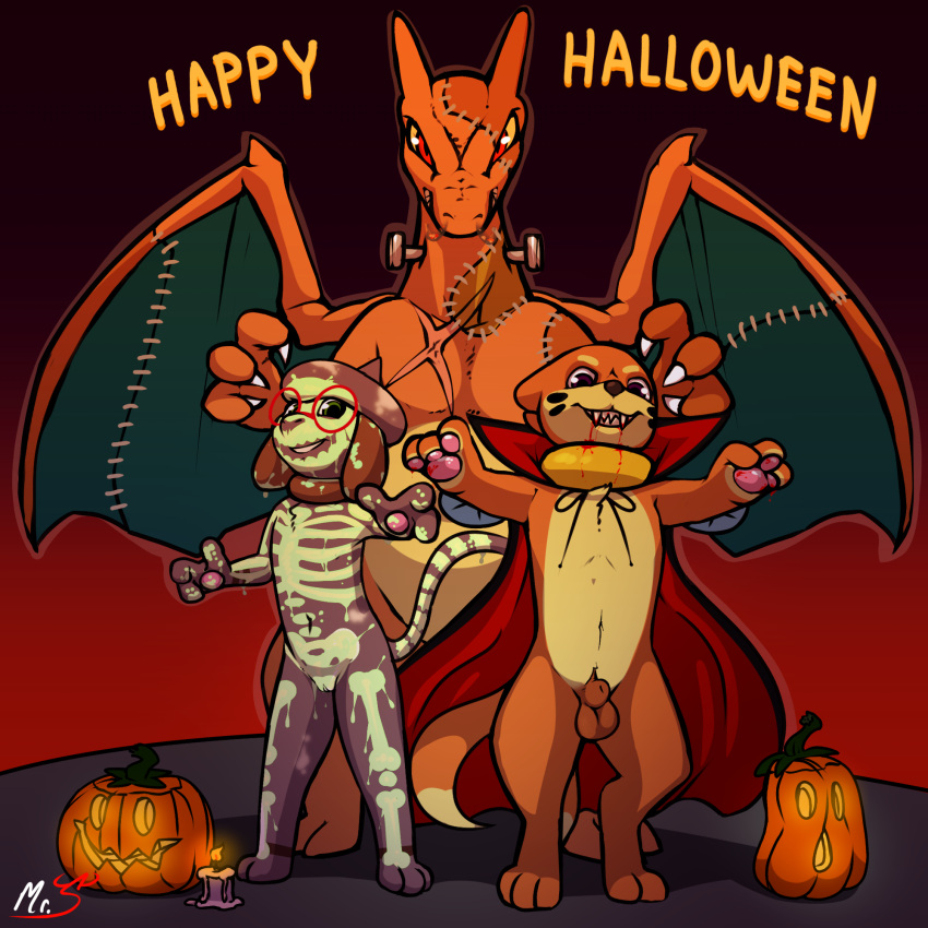 1:1 anthro balls bodypaint buizel candle charizard clothing costume eyewear female genitals glasses group halloween hi_res holidays jack-o'-lantern kai_(mr._smile) male male/female mimi_(mr._smile) mr._smile nintendo pokémon_(species) pokemon pokemon_(species) scar smeargle video_games