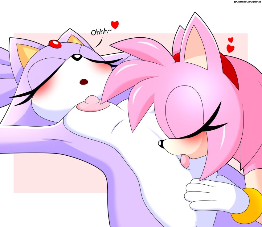 amy_rose anthro black_nose blaze_the_cat breasts domestic_cat duo eyelashes female female/female forehead_jewel gem jasielewdko jasienorko licking licking_navel navel navel_fetish pink_body pink_hair purple_body purple_hair pussy sonic_(series) tongue white_body yuri